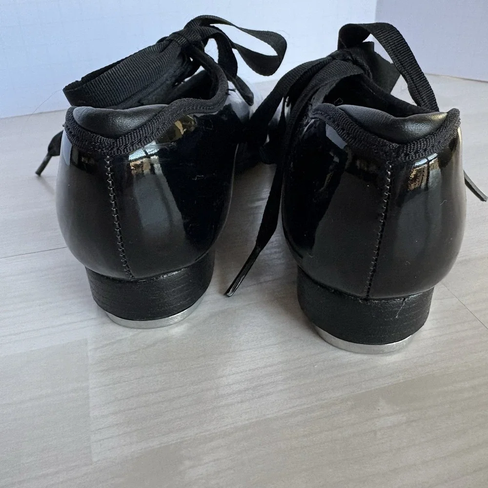 Capezio TeleTone Tap Shoes‎ Black Patent Lace Up Size Youth 13.5 M EUC